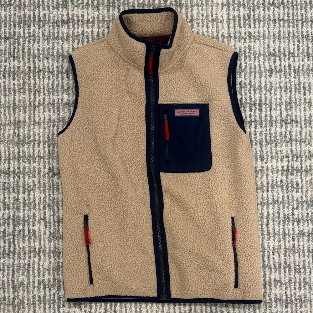 Kids Vineyard Vines Cream Sherpa Vest with Navy Trim